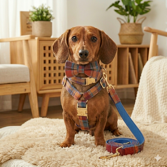 【AI試着・刻印無料／世界で一つ】愛犬の記念日4点セット（ハーネス・首輪・リード・蝶ネクタイ）