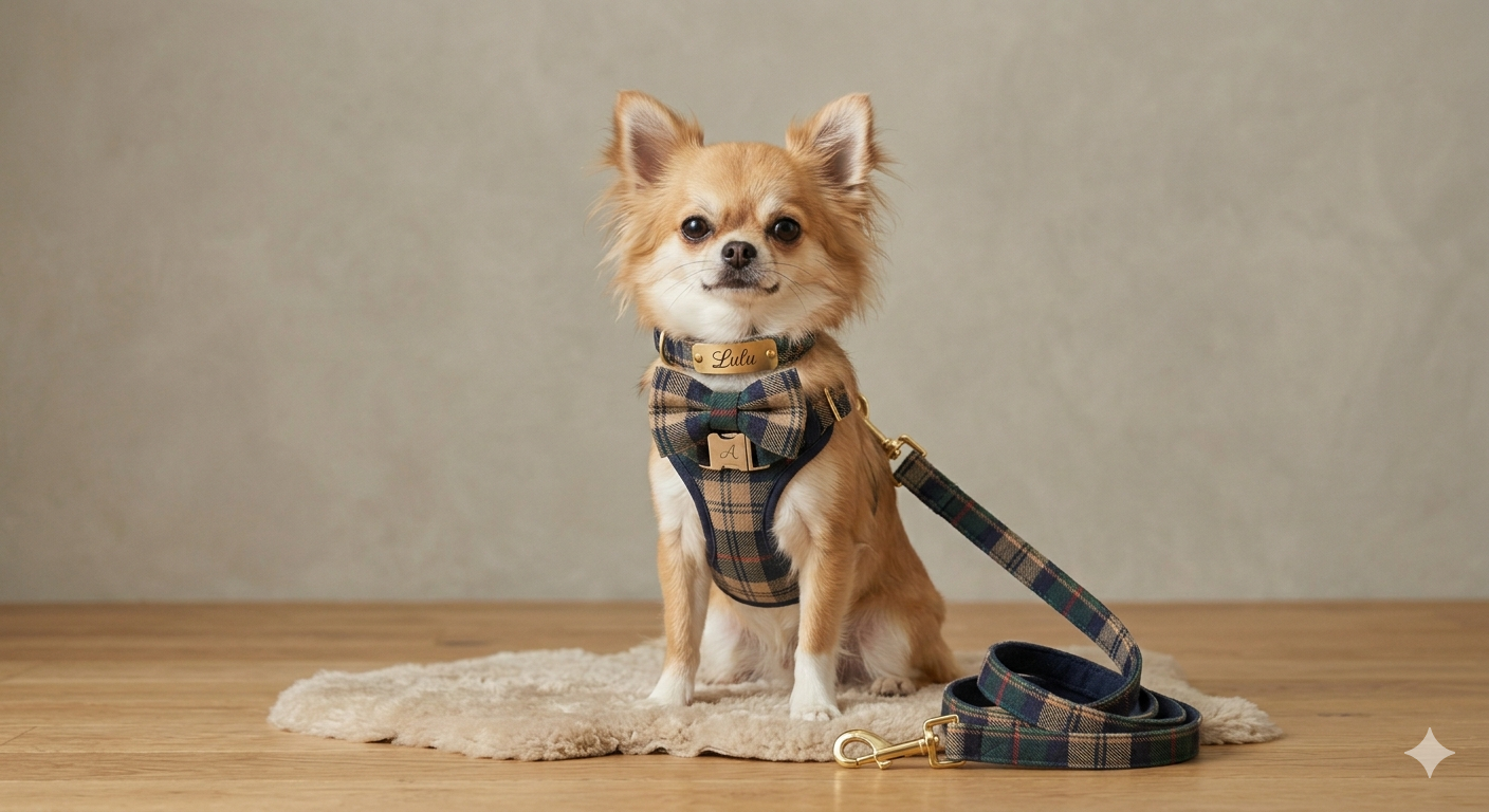 【AI試着・刻印無料／世界で一つ】愛犬の記念日4点セット（ハーネス・首輪・リード・蝶ネクタイ）
