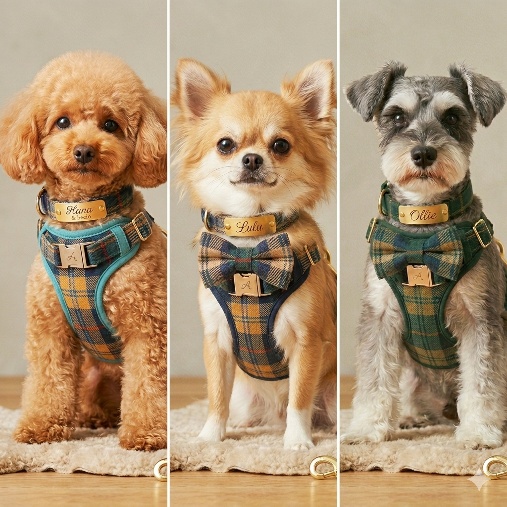 【AI試着・刻印無料／世界で一つ】愛犬の記念日4点セット（ハーネス・首輪・リード・蝶ネクタイ）