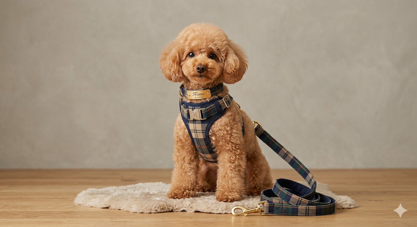 【AI試着・刻印無料／世界で一つ】愛犬の記念日4点セット（ハーネス・首輪・リード・蝶ネクタイ）